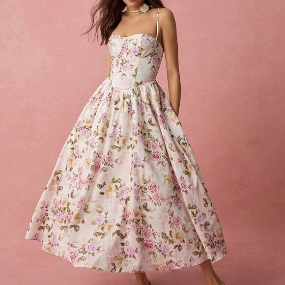 White Boho Romantic Women's Floral Long Print Spaghetti Strap A-Line Dress - Picture 6 of 7